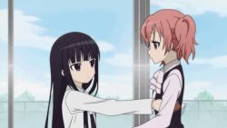 Rule 34 | 10s, 2girls, animated, animated gif, bandaid, black hair, blunt bangs, food, hug, inu x boku ss, long hair, lowres, multiple girls, pink hair, roromiya karuta, screencap, shirakiin ririchiyo, twintails