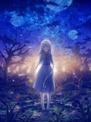 1girl absurdres aqua_eyes au_ito bare_arms bare_tree barefoot blurry blurry_foreground cloud commentary_request crying crying_with_eyes_open depth_of_field dress falling_petals floating_hair flower grass hair_over_shoulder highres holding holding_flower long_hair looking_at_viewer multiple_moons night night_sky orange_flower original parted_lips petals pigeon-toed ribbon ruins scenery sky sleeveless sleeveless_dress solo standing star_(sky) starry_sky straight-on straight_hair streaming_tears swept_bangs tears tree white_dress white_hair white_ribbon wind