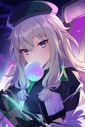 1girl black_jacket blowing_bubble_gum blunt_tresses blush cellphone commentary_request earrings green_hat grey_hair hair_between_eyes hat highres holding holding_phone jacket jewelry kheng_(k_heng1223) kusanagi_nene long_hair long_sleeves looking_at_viewer open_clothes open_jacket outdoors phone project_sekai purple_eyes sidelocks smartphone solo sparkle upper_body