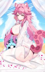 1girl absurdres animal_ears ass beach bikini blue_sky blush breasts chattino_(raora_panthera) closed_mouth commentary curtains day english_commentary hair_intakes hand_in_own_hair highres hololive hololive_english huge_breasts long_hair long_sleeves ocean panther_ears panther_girl panther_tail pink_bikini pink_hair raora_panthera sand seiza shirt sitting sky swimsuit sylix44 tail thighhighs thighs twisted_torso virtual_youtuber white_shirt white_thighhighs yellow_eyes