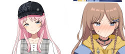 2girls bang_dream! bang_dream!_it&#039;s_mygo!!!!! blue_eyes blush borrowed_clothes braid brown_hair chihaya_anon closed_mouth commentary ear_piercing earrings full-face_blush hair_ornament hairclip heart heart_necklace highres hiruver jewelry long_hair multiple_girls nagasaki_soyo necklace piercing pink_hair side_braids simple_background sweat upper_body white_background