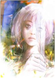 1girl absurdres bags_under_eyes blonde_hair choujin_x dress feathers grey_eyes highres holding holding_feather kartikeya_raut looking_at_viewer lying oil_painting_(medium) on_back on_grass on_ground painting_(medium) shishinegura_palma solo sunlight symbol-shaped_pupils traditional_media white_dress