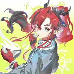 1boy ahky arknights bowl chinese_commentary commentary_request dragon_boy eastern_dragon_horns green_eyes highres holding holding_bowl looking_at_viewer open_mouth pointy_ears red_hair solo upper_body yu_(arknights)