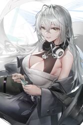 Rule 34 | 1girl, 9am9i, absurdres, antenna hair, bare shoulders, belt, black belt, black jacket, breasts, cleavage, commentary, crossed bangs, green eyes, grey hair, hair between eyes, hair spread out, halterneck, headphones, headphones around neck, highres, holding, holding phone, jacket, large breasts, long hair, looking at viewer, off shoulder, open mouth, original, phone, shirt, sidelocks, sitting, sleeveless, sleeveless shirt, smile, solo, very long hair, white background, white shirt
