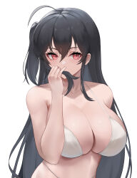 Rule 34 | 1girl, absurdres, ahoge, azur lane, bare shoulders, bikini, black hair, breasts, cleavage, collarbone, hair between eyes, highres, holding, holding own hair, large breasts, long hair, obniermarbiss, official alternate costume, red eyes, simple background, solo, string bikini, swimsuit, taihou (azur lane), taihou (seaside daydreams) (azur lane), upper body, very long hair, white background, white bikini