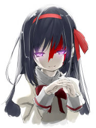10s 1girl akemi_homura ask02 black_hair blood earrings female_focus grin hair_ribbon highres jewelry long_hair looking_at_viewer mahou_shoujo_madoka_magica mahou_shoujo_madoka_magica:_hangyaku_no_monogatari own_hands_clasped own_hands_together purple_eyes ribbon school_uniform simple_background single_earring smile solo white_background