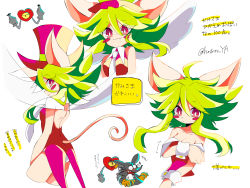 1girl ahoge animal_ears blush_stickers breasts cleavage green_hair hat highres hoshito_ya leotard mad_rat_dead middle_finger mouse_(animal) mouse_ears mouse_girl mouse_tail multiple_views nippon_ichi rat_god red_eyes single_fang tail tie_clip top_hat wings wrist_cuffs
