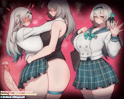 Rule 34 | 2girls, \||/, aqua bow, armpit crease, arms around neck, bare shoulders, black hairband, black ribbon, black tank top, blue eyes, blush, bottomless, bow, breast press, breasts, bright pupils, buttons, censored, cervix, closed mouth, commentary request, cross-section, cum, cum in pussy, deep penetration, double-breasted, double-parted bangs, ejaculation, firefly (honkai: star rail), firefly (spring missive) (honkai: star rail), futa with female, futanari, gradient eyes, green sailor collar, green skirt, grey hair, hair between eyes, hair ribbon, hairband, hand on another&#039;s waist, hand up, heart, highres, honkai: star rail, honkai (series), hug, internal cumshot, large breasts, large penis, long hair, long sleeves, looking at viewer, miniskirt, mosaic censoring, multicolored eyes, multiple girls, multiple views, official alternate costume, open hand, penis, pink eyes, plaid clothes, plaid skirt, red background, ribbon, rikuguma, sailor collar, school uniform, serafuku, sex, shirt, skindentation, skirt, smile, standing, standing sex, steam, stelle (honkai: star rail), sweat, tank top, thigh strap, thighhighs, trailblazer (honkai: star rail), two-tone skirt, uterus, vaginal, veins, veiny penis, waving, white hair, white pupils, white shirt, white thighhighs