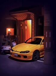 absurdres car highres house k.tofu motor_vehicle night nissan nissan_silvia nissan_silvia_s15 no_humans open_door original outdoors scenery scooter shadow vehicle_focus yellow_car