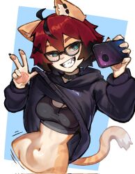 1girl aeiou_(yoako) ahoge animal_ear_piercing animal_ears animal_nose black-framed_eyewear black_collar black_hair black_hoodie black_sports_bra blue_eyes borrowed_clothes breasts cat_ears cat_girl cat_tail cellphone clothes_lift collar commentary commission corrupted_twitter_file cropped_torso earclip english_commentary furry furry_female grin groin hair_between_eyes hair_ornament head_tilt highres holding holding_phone hood hoodie hoodie_lift lifting_own_clothes long_sleeves looking_at_viewer medium_breasts multicolored_hair navel original pawpads phone power_symbol-shaped_pupils puffy_long_sleeves puffy_sleeves red_hair sharp_teeth short_hair smartphone smile solo sports_bra stomach symbol-shaped_pupils tail teeth two-tone_hair w wersman x_hair_ornament