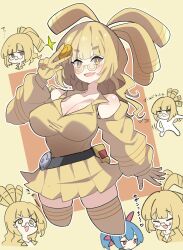 2girls belt breasts chibi cleavage coin gen_5_pokemon gholdengo glasses gloves highres hydreigon large_breasts long_hair maks_(makusu_210) multiple_girls nintendo pokemon skirt thighhighs yellow_background yellow_gloves yellow_skirt zettai_ryouiki