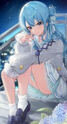 1girl absurdres blue_eyes blue_hair blue_skirt blush breasts cardigan choker closed_mouth grey_cardigan hair_between_eyes haru_(nakajou-28) highres hololive hoshimachi_suisei jewelry legs long_hair long_sleeves looking_at_viewer open_cardigan open_clothes pleated_skirt ribbon sailor_collar shirt shoes side_ponytail sitting skirt smile socks solo star_(symbol) thighs virtual_youtuber white_shirt white_skirt white_socks