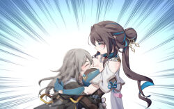 2girls alternate_breast_size aqua_hair between_breasts blush breast_smother breasts brown_hair closed_eyes closed_mouth coat dress emphasis_lines face_between_breasts face_to_breasts facing_another from_side gloves green_eyes grey_hair hair_bun hair_ornament hair_stick head_between_breasts highres honkai:_star_rail honkai_(series) hug jewelry large_breasts leaning_back leaning_forward ling_huanxiang long_hair looking_at_viewer motion_blur motion_lines multicolored_hair multiple_girls necklace pearl_necklace ruan_mei_(honkai:_star_rail) single_hair_bun smile stelle_(honkai:_star_rail) trailblazer_(honkai:_star_rail) two-tone_hair upper_body very_long_hair yuri