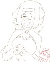 Rule 34 | 2girls, absurdres, ainu clothes, alternate costume, breast envy, breasts, constricted pupils, covered face, hair ribbon, highres, long hair, looking at viewer, medium breasts, monochrome, multiple girls, nakoruru, own hands together, ribbon, rimururu, samurai spirits, siblings, sisters, sketch, snk, wide-eyed