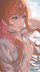 1girl absurdres black_choker blue_eyes bow choker dated dress final_fantasy final_fantasy_xiv from_side hair_bow hair_ribbon highres hyur long_hair orange_hair qianyewuli ribbon ryne_waters signature solo upper_body white_dress