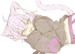 +_+ 1girl :d abara_heiki ahoge animal_ear_fluff animal_ears black_hoodie cat_ears cat_girl cat_tail commentary hololive hood hoodie long_sleeves looking_at_viewer lying medium_hair nekomata_okayu nekomata_okayu_(1st_costume) on_side open_mouth purple_eyes purple_hair simple_background smile solo symbol-only_commentary tail upper_body virtual_youtuber white_background