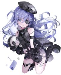 1girl absurdres arm_warmers armlet bag beret black_bag black_boots black_hat black_nails black_shirt blue_hair bone_hair_ornament boots collared_shirt eyepatch grey_eyes hair_ornament hat highres jewelry knee_boots long_hair looking_at_viewer multiple_rings nail_polish onodera_nire open_mouth ring shirt shoulder_bag simple_background sleeveless sleeveless_shirt solo thigh_strap torn_clothes torn_shirt two_side_up virtual_youtuber vspo! white_background yano_kuromu