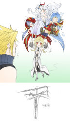 00s 1980s_(style) 1990s_(style) 2girls 3boys :3 bandana blonde_hair blood_sword blue_eyes blue_hair blush boots breasts brotherhood bubble buster_sword carrying cleavage cleavage_cutout clothing_cutout cloud_strife crossover dissidia_final_fantasy dress final_fantasy final_fantasy_ii final_fantasy_iv final_fantasy_vii final_fantasy_vii_advent_children final_fantasy_x fingerless_gloves fins first_ken fraternity gloves grey_hair head_fins heart highres long_hair masamune_(ff7) multiple_boys multiple_girls o_o oldschool open_mouth personification red_eyes retro_artstyle shinzui_(fantasysky7) short_hair sweatdrop sword tiara very_long_hair weapon white_hair
