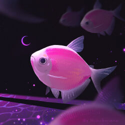 animal animal_focus artist_name blurry crescent_moon fish huhv. moon night no_humans original reflection water watermark