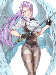 1girl alternate_costume artist_name black_bow black_bowtie black_gloves black_pantyhose black_shorts black_vest bow bowtie commentary feathered_wings gloves holding holding_sword holding_weapon looking_at_viewer low_wings ludociel_(nanatsu_no_taizai) margaret_liones mononono_1224 multiple_wings nanatsu_no_taizai pantyhose ponytail possessed purple_hair shirt shorts simple_background smile solo sword symbol-shaped_pupils twitter_username vest weapon white_background white_shirt wings yellow_eyes
