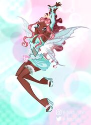 Rule 34 | 1girl, aisha (winx club), alternate costume, aqua background, aqua dress, aqua ring (pokemon), aqua sandals, armpits, arms up, bad id, bad twitter id, bare legs, beads, blue bridal gauntlets, brown hair, bubble, center opening, chocofish, closed mouth, commentary, covered navel, dark-skinned female, dark skin, dress, eyeshadow, fairy, fairy wings, floating, frilled thigh strap, full body, gold tiara, grey eyes, hair beads, hair ornament, hairclip, halftone, halftone background, hand on own wrist, high heel sandals, high ponytail, instagram username, light rays, lipstick, long hair, magical girl, makeup, multicolored hair, pink background, pink bag, pink eyeshadow, pink hair, pink lips, ponytail, sandals, see-through clothes, see-through dress, shell bag, short dress, smile, solo, sparkle, streaked hair, thigh strap, tiara, toes, twitter username, two-tone background, two-tone hair, very dark skin, very long hair, waist bag, watermark, wavy hair, wings, winx club