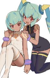 Rule 34 | 2girls, aqua hair, bangle, bare shoulders, black dress, black thighhighs, blush, bob cut, bracelet, breasts, closed mouth, dark-skinned female, dark skin, dot mouth, dress, expressionless, fang, green hair, hands on another&#039;s shoulders, highres, jewelry, kneeling, long hair, looking at viewer, mayutsuba mono, mega man (series), mega man legends (series), multiple girls, open mouth, red eyes, sera (mega man), short dress, short hair, sitting, skin fang, small breasts, smile, tattoo, thighhighs, twintails, white dress, white thighhighs, yuna (mega man)