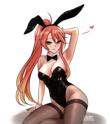 1girl absurdres ahoge animal_ears arm_support arm_up armpits azezazel bare_shoulders black_bow black_bowtie black_leotard blush bow bowtie breasts cleavage closed_mouth collarbone commentary detached_collar eiyuu_densetsu feet_out_of_frame green_eyes hair_between_eyes heart high_ponytail highleg highleg_leotard highres judith_lanster kuro_no_kiseki_(series) leotard long_hair looking_at_viewer medium_breasts pink_hair pink_lips playboy_bunny ponytail rabbit_ears single_sidelock sitting smile solo strapless strapless_leotard thighhighs twitter_username white_background wrist_cuffs yokozuwari