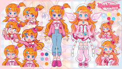 +_+ 1girl :d :o angel_wings_(illusion) arms_at_sides artist_logo artist_self-insert badge bare_shoulders belt beret bloodshot_eyes blouse blue_eyes blue_gemstone blue_pants blush blush_stickers boots breasts button_badge character_background choker cleavage cleavage_cutout closed_mouth clothing_cutout collarbone color_guide commentary crying curly_hair cyber_fashion denim dress dual_persona earrings elbow_gloves english_commentary fingernails food_print frilled_dress frills fruit_print full_body furrowed_brow gem gloves gold_choker hair_ornament hairclip hairpin hand_on_own_chest hat heart heart_belt heart_earrings heart_hair_ornament heart_in_eye high-waist_pants highres indie_virtual_youtuber jacket jeans jewelry lapels loafers logo long_belt long_hair long_sleeves looking_at_viewer magical_girl marikyuunn marikyuunn_(vtuber) marikyuunn_(vtuber)_(classic) marikyuunn_(vtuber)_(cyber_cupid) multiple_views neck_ribbon nose_blush one_side_up open_clothes open_jacket open_mouth orange_hair pants pants_rolled_up pink_dress pink_gloves pink_jacket pink_ribbon pink_shoes pointing raised_eyebrows reference_sheet ribbon shaded_face shirt shoes short_dress single_blush_sticker smile smiley_face socks standing strapless strapless_dress strawberry_print sweat symbol_in_eye tareme tears thigh_boots thumbs_up v-shaped_eyebrows virtual_pet_(toy) virtual_youtuber white_belt white_boots white_hat white_shirt white_socks wide-eyed wiping_tears