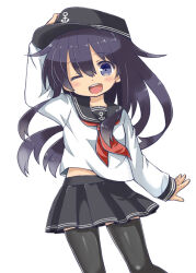 1girl akatsuki_(kancolle) anchor_symbol arm_up black_hat black_skirt black_thighhighs blue_eyes blush commentary flat_cap hand_on_headwear hat kantai_collection long_hair long_sleeves looking_at_viewer miniskirt neckerchief one_eye_closed open_mouth pleated_skirt purple_hair red_neckerchief rikaon sailor_collar school_uniform serafuku simple_background skirt solo thighhighs white_background