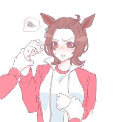 2girls absurdres agnes_tachyon_(umamusume) animal_ears bangs_pinned_back blush brown_hair forehead highres horse_ears jacket jungle_pocket_(umamusume) long_sleeves multiple_girls nose_blush open_clothes open_jacket puffy_long_sleeves puffy_sleeves red_eyes red_jacket seila_rei shirt simple_background small_sweatdrop solo_focus spoken_squiggle squiggle sweat track_jacket umamusume v-shaped_eyebrows white_background white_shirt
