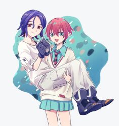1boy 1girl amate_yuzuriha aqua_eyes artist_name blue_hair carrying carrying_person collared_shirt commentary_request gloves gundam gundam_gquuuuuux highres kir_nt looking_at_viewer necktie open_mouth pants princess_carry red_eyes red_hair role_reversal school_uniform shirt shoes short_hair shuji_ito skirt smile sweater twitter_username white_shirt