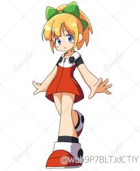 1girl black_socks blonde_hair blue_eyes blush_stickers bow dress full_body green_bow hair_bow looking_at_viewer mega_man_(classic) mega_man_(series) mega_man_11 parted_lips red_dress red_shoes roll_(mega_man) sample_watermark shoes short_sleeves socks solo twitter_username watermark wuh9p7bltjdctiy