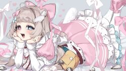 Rule 34 | 1girl, animal ears, bed sheet, blue eyes, blunt bangs, bow, brown hair, dress, frilled dress, frills, hair bow, hair ornament, hamster ears, hamster girl, head rest, highres, indie virtual youtuber, long hair, long sleeves, looking at viewer, lying, mayuri kaichou, on bed, on stomach, open mouth, pink dress, pink shoes, seed, shoes, solo, sunflower seed, thick eyebrows, togibana rofumu, virtual youtuber