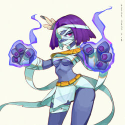 1girl arm_wrap artist_name aura bandaged_head bandaged_leg bandages blue_skin bob_cut breasts chromatic_aberration colored_skin cowboy_shot dark_aura dated feather_hair_ornament female_focus fewer_digits hair_ornament half-closed_eyes hands_up iwse_zhang looking_afar medium_breasts monster_girl mummy navel one_eye_covered original pink_eyes purple_hair purple_nails red_eyes see-through_clothes see-through_skirt short_hair sidelocks simple_background skirt solo standing stomach underboob usekh_collar watermark white_background white_skirt wide_hips