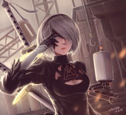 1girl 2017 2b_(nier:automata) artist_name black_dress black_gloves black_hairband blindfold blindfold_lift blue_eyes breasts cleavage cleavage_cutout closed_mouth clothing_cutout crane_(machine) dated dress drone eyelashes feather_trim female_focus floating gloves hairband hook juliet_sleeves katana lips long_sleeves machinery medium_breasts midair mole mole_under_mouth nier:automata nier_(series) nose one_eye_covered patrick_hambali pink_lips pod_(nier:automata) puffy_sleeves ribbed_dress robot short_dress short_hair silver_hair solo sword tassel turtleneck upper_body weapon weapon_on_back