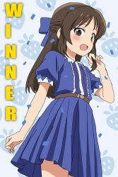 1girl :d anime_coloring blue_bow blue_dress blush bow brown_eyes brown_hair confetti cowboy_shot dress hair_bow half_updo highres holding holding_own_hair idolmaster idolmaster_cinderella_girls idolmaster_cinderella_girls_u149 long_hair looking_at_viewer open_mouth riokasen short_dress short_sleeves smile solo standing tachibana_arisu