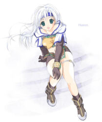 1girl 2000s_(style) bad_id blue_headband boots breasts brown_boots brown_gloves brown_shirt brown_shorts brown_skirt brown_socks character_name crop_top cropped_jacket elbow_gloves full_body gloves green_eyes hand_on_own_knee headband hunter_(ragnarok_online) jacket long_hair looking_at_viewer medium_breasts midriff miniskirt navel open_mouth ragnarok_online shirt short_shorts short_sleeves shorts shorts_under_skirt sitting skirt smile socks solo tokita white_background white_hair white_jacket