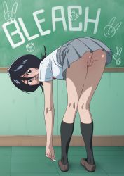 Rule 34 | 1girl, absurdres, accidental exposure, alternate hairstyle, antoniomalara, ass, bent over, black eyes, black hair, black shoes, black socks, bleach, breasts, brown shoes, chalk, chalkboard, chalkboard writing, classroom, cleft of venus, commission, commissioner upload, copyright name, female focus, from behind, full body, furrowed brow, grey skirt, hair between eyes, highres, indoors, kneehighs, kneepits, knees together feet apart, kuchiki rukia, leaning forward, legs, legs together, loafers, logo, looking at viewer, looking back, medium hair, no panties, open mouth, petite, picking up, pleated skirt, pussy, rabbit, reaching, school, school uniform, shadow, shirt, shoes, short sleeves, skirt, small breasts, socks, solo, standing, surprised, tile floor, tiles, uncensored, upskirt, white shirt