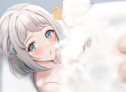 1girl bath bathing bathtub blowing_bubbles blue_eyes blurry blurry_background blush braid bubble_bath convenient_censoring from_side gakuen_idolmaster grey_hair grey_nails half_up_braid hands_up idolmaster katsuragi_lilja knees_up looking_at_viewer o3o short_hair soap_bubbles soap_censor solo stuffed_chicken yuzuyu_(hyui)