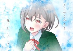 1girl atama_(abmbbmsbcg) bang_dream! bang_dream!_it&#039;s_mygo!!!!! blush commentary crying crying_with_eyes_open green_jacket grey_hair hair_between_eyes jacket lyrics neck_ribbon open_mouth red_eyes ribbon school_uniform short_hair solo takamatsu_tomori tears teeth upper_teeth_only