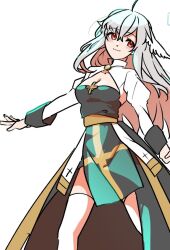 Rule 34 | 1girl, ahoge, arch bishop (ragnarok online), blue dress, blush, breasts, cleavage, cleavage cutout, closed mouth, clothing cutout, commentary request, cowboy shot, cross, datenshi no fu, dress, feathered wings, grey hair, head wings, juliet sleeves, long hair, long sleeves, looking at viewer, medium breasts, orange eyes, puffy sleeves, ragnarok masters, ragnarok online, sash, simple background, smile, solo, thighhighs, two-tone dress, white background, white dress, white thighhighs, white wings, wings, yellow sash