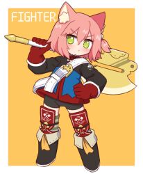 1girl 7th_dragon 7th_dragon_(series) animal_ear_fluff animal_ears axe belt belt_buckle bike_shorts black_boots black_shorts blue_jacket blush boots border buckle cat_ears cat_girl closed_mouth fighter_(7th_dragon) fold-over_boots full_body gloves green_eyes hair_between_eyes hair_bobbles hair_ornament hand_on_own_hip harukara_(7th_dragon) highres holding holding_axe jacket long_sleeves looking_at_viewer naga_u one_side_up orange_background outside_border over_shoulder pink_hair red_gloves short_hair short_shorts shorts simple_background solo standing striped_clothes striped_thighhighs thighhighs thighhighs_under_boots v-shaped_eyebrows weapon weapon_over_shoulder white_belt white_border