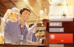 1girl 2boys adam&#039;s_apple alcohol arm_up beer beer_mug black_hair blazer blurry blurry_foreground blush bokyo bottle breast_pocket brown_hair closed_eyes collared_shirt cup dated dated_commentary depth_of_field drinking drunk foam food foreshortening fried_food from_below grey_jacket hand_up highres holding holding_cup id_card index_finger_raised indoors jacket lanyard long_hair menu mug multiple_boys necktie original partially_unbuttoned pen plate pocket purple_necktie restaurant salaryman shirt short_hair shrimp shrimp_tempura slice_of_life smile soy_sauce suit_jacket teeth tempura twitter_username very_short_hair virtual_youtuber white_shirt