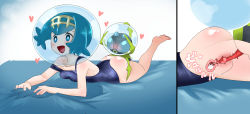 1boy 1girl :d ass barefoot bed_sheet bestiality blue_eyes blue_hair blue_one-piece_swimsuit breasts bug cum cum_in_pussy dewpider ejaculation erection feet full_body gen_7_pokemon happy_sex heart heart-shaped_pupils hetero highres lana_(pokemon) lying multiple_views nemimini nintendo on_stomach one-piece_swimsuit open_mouth orgasm penis pokemon pokemon_(anime) pokemon_(creature) pokemon_sm pokemon_sm_(anime) pokephilia school_swimsuit sex sheet_grab shiny_skin short_hair small_breasts smile spider strap_slip swimsuit symbol-shaped_pupils translated uncensored vaginal x-ray
