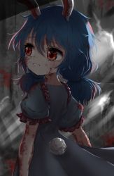 1girl absurdres ambiguous_red_liquid animal_ears arms_at_sides bloomers blue_dress blue_hair clenched_teeth crying crying_with_eyes_open dark_room dilapidated dress female_focus highres indoors kayon_(touzoku) kine light_rays looking_to_the_side low_twintails mallet puffy_short_sleeves puffy_sleeves rabbit_ears rabbit_tail red_eyes seiran_(touhou) short_hair short_sleeves solo splatter stained_clothes sunbeam sunlight tail tears teeth touhou twintails underwear