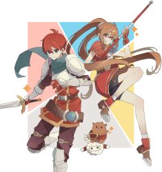 1boy 1girl absurdres adol_christin ahoge arm_guards armor bike_shorts breastplate brown_eyes brown_gloves cropped_jacket double-parted_bangs eiyuu_densetsu estelle_bright fingerless_gloves floating_hair george_man gloves hair_between_eyes highres holding holding_staff holding_sword holding_weapon long_hair looking_at_viewer pauldrons red_gloves sabaton shoes short_hair short_sleeves shoulder_armor sidelocks single_pauldron skirt smile sneakers sora_no_kiseki staff sword twintails weapon ys ys_vs._sora_no_kiseki:_alternative_saga