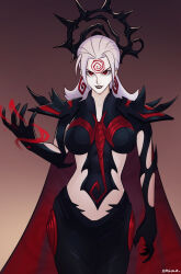 1girl 2025 arm_at_side arm_up armor black_eyeshadow black_lips black_pants bodysuit breastplate breasts cape collarbone commentary corruption cowboy_shot dark_persona demon_girl earrings energy english_commentary evil_grin evil_smile eyeshadow fang gradient_background grin hela_(marvel) hela_(queen_in_black)_(marvel) highres jewelry looking_at_viewer makeup marvel marvel_rivals medium_breasts official_alternate_costume pants parted_bangs plate_armor possessed possession purple_background red_eyes skin_tight smgold smile solo spiked_pauldrons spiral_print straight-on swirl symbiote torn_clothes torn_sleeves v-shaped_eyebrows weapon white_hair