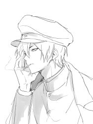 1boy buttons cigarette closed_mouth coat coat_on_shoulders gakuran greyscale gum_sfr_03 hand_on_own_face hat highres kawase_(koshotengai_no_hashihime) korean_commentary koshotengai_no_hashihime long_sleeves looking_ahead male_focus monochrome peaked_cap school_uniform short_hair simple_background smoke smoking solo upper_body