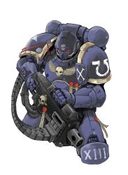 1boy adeptus_astartes armor cowboy_shot cropped_legs gun heavy_bolter helmet highres holding holding_gun holding_weapon jo_p korean_commentary pauldrons power_armor purity_seal shoulder_armor solo ultramarines warhammer_40k weapon