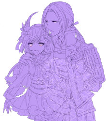 Rule 34 | akechi mitsuhide, arm around shoulder, armor, bracelet, camcorder, capelet, eyelashes, father and daughter, feather hair ornament, hair ornament, hairband, hakama, hosokawa gracia, japanese clothes, jewelry, kimono, lace-trimmed sleeves, lace trim, lineart, long hair, monochrome, obi, pleated skirt, ponytail, sash, sengoku musou, skirt, smile, video camera